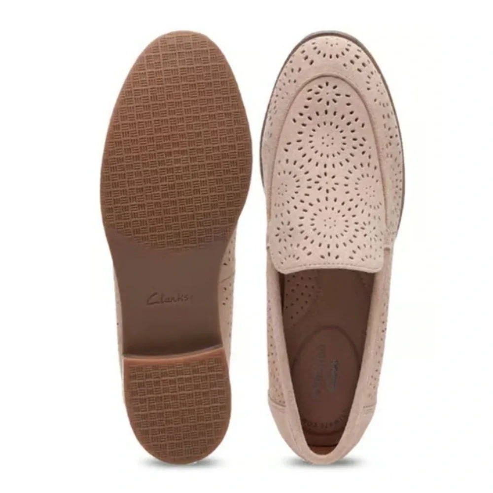 Clarks Women's Sand Trish Calla Perforated Suede Loafers Shoes Size 10 M